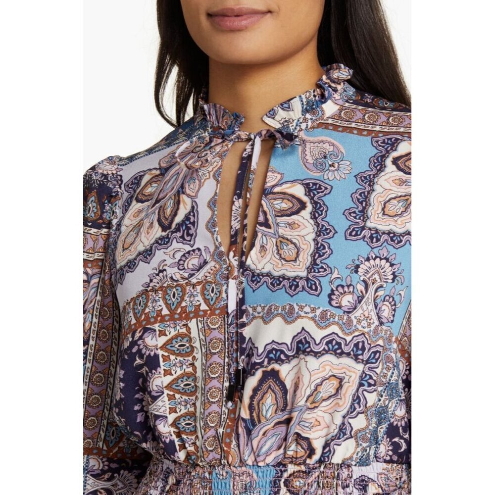 Vince Camuto Womens Blue Multi Paisley High Tie Neck Long Sleeve Dress Sz 10 New - Picture 4 of 12